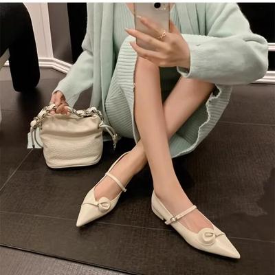 Fashion Ladies Single Shoes Flat Shoes Mary Jane Shoes There Are Black and Silver Off-white The Pointed Toe Shallow Mouth Office Lady