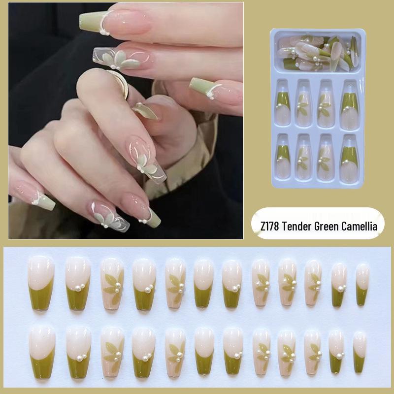 

Жемчужная камелия Свежие носибельные длинные балетные типсы для ногтей Z178 Pale Green Camellia [Glue Version]