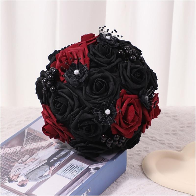 Artificial Flowers Bridal Bouquet Gothic Wedding Bouquet Red/Purple and Black Wedding Flower Bouquet for Bridesmaids