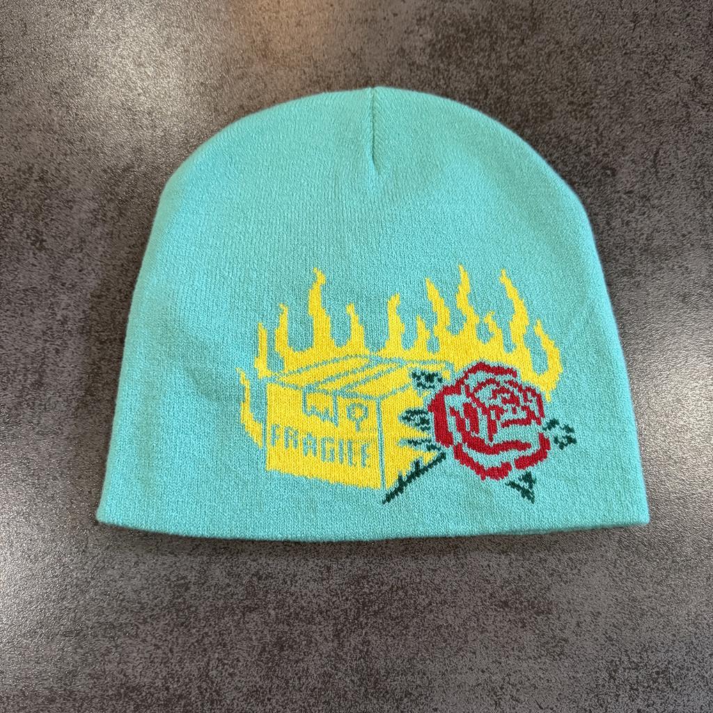 Knit Halloween Party Beanie With Flame Rose Pattern For Winter Outdoor Cycling