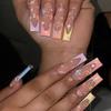 24Pcs Long Coffin False Nails with Love Rhinestone Design Pink French Ballet Fake Nails Manicure Tips Wearable Press on Nails