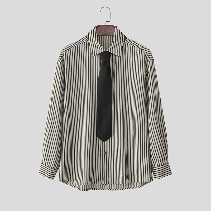 INCERUN S-5XL Men Turn-down Collar Tie Long Sleeve Striped Casual College Style Shirts