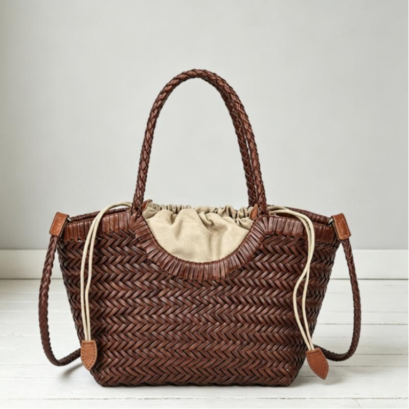 Genuine Cowhide Retro Woven Shoulder Bag, Basket Bag With Inner Pocket Beach Vacation Crossbody Bags High Quality Bucket Bag