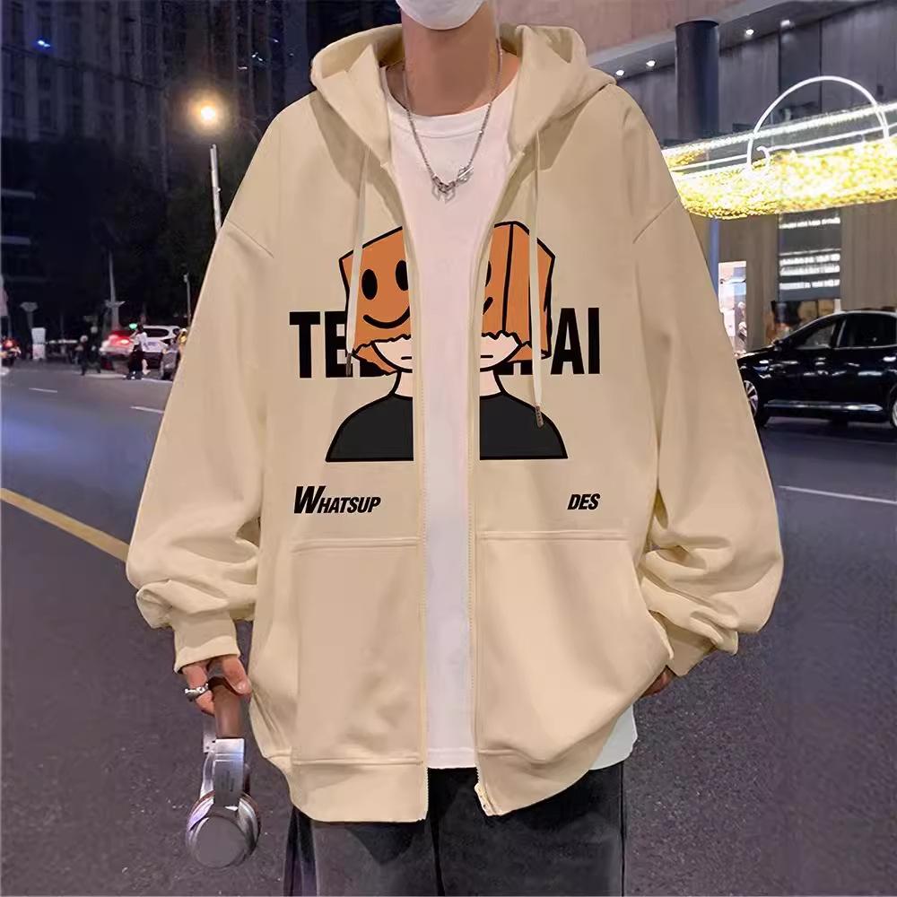 Men's Autumn and Winter American Couple Hooded Velvet Zipper Hong Kong Style Jacket for Men and Women