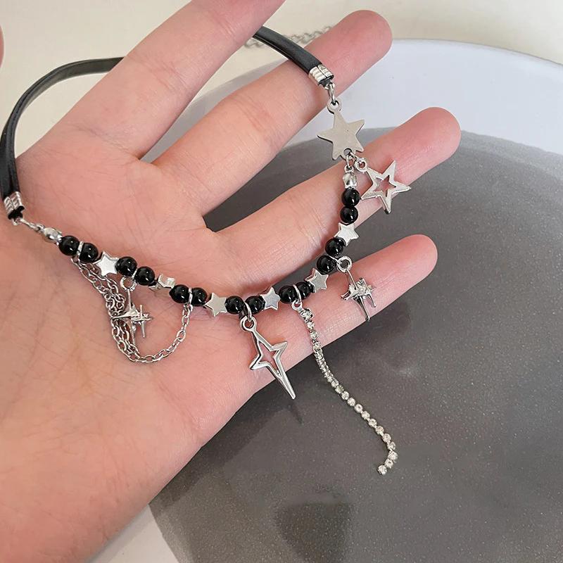 Punk Star Pentagram Necklace for Women Fashion Inlaid Rhinestone Tassels Choker Black Rope Necklace Y2K Style Accessories Gifts