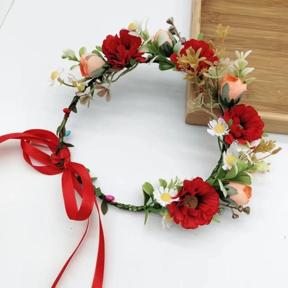 Vintage Forest Flower Wreath Adjustable Ribbon Plastic Floral Headband Flower Flower Leaf Headbands Wedding