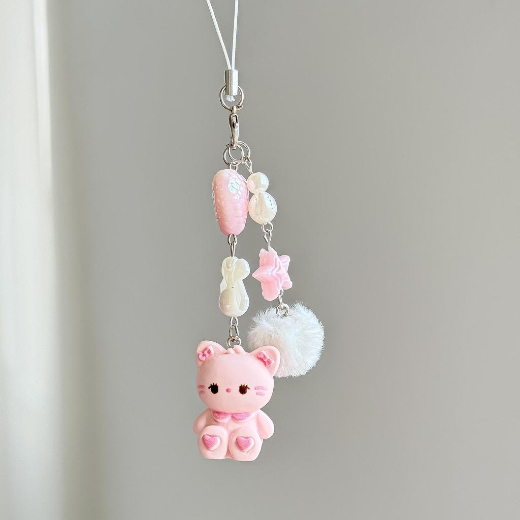 Adorable Rabbit Phone Charm & Keychain with Heart & Pompon Pendant