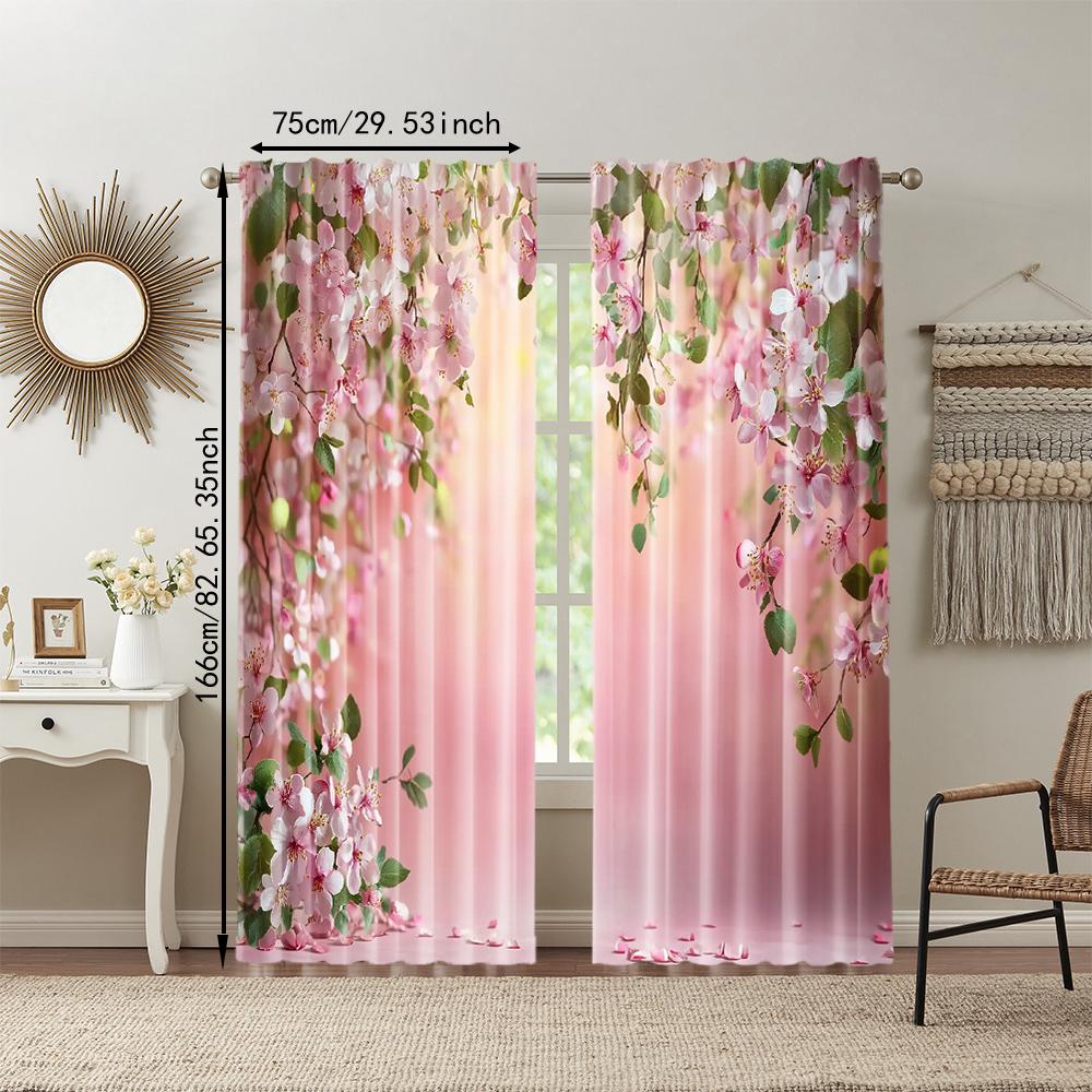2 Pcs, Versatile Polyester Transparent Curtains for Home Decoration Spring Pink Floral for Use In Bedrooms and Living Rooms