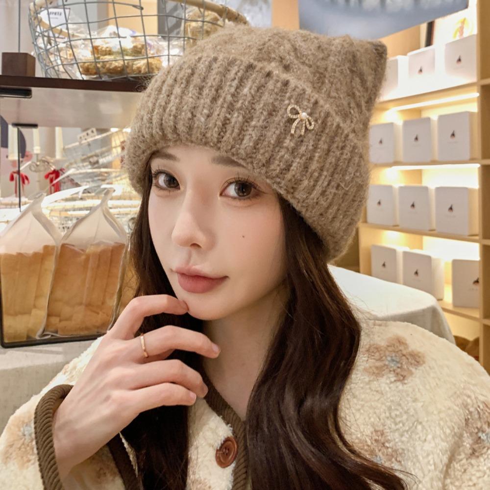 Solid Color Cat Ears Pullover Hat Japanese Style Women Beanie Hat Autumn Winter