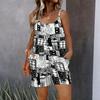 Womens Sleeveless Spaghetti Strap Romper Geometric Pattern Print Pocket Short Jumpsuit