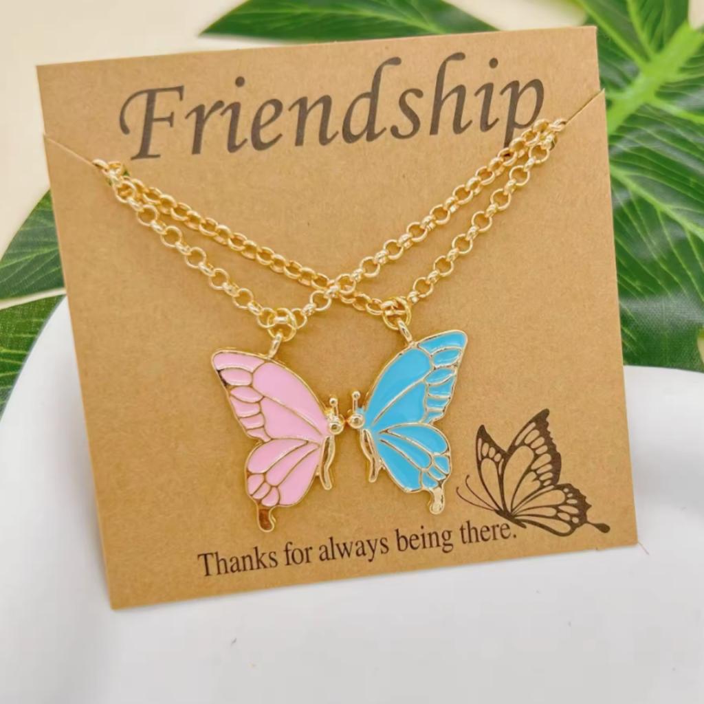 Two-piece gold, blue, and pink butterfly friendship necklace set - a simple and versatile two-piece set for women, suitable for