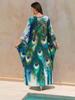 EDOLYNSA 2024 Green Peacock Plume Printed Beach Dress V-neck Side Split Plus Size Kaftan Summer Boho Swimsuit Coverup For Women Cozy House Robe Q1588