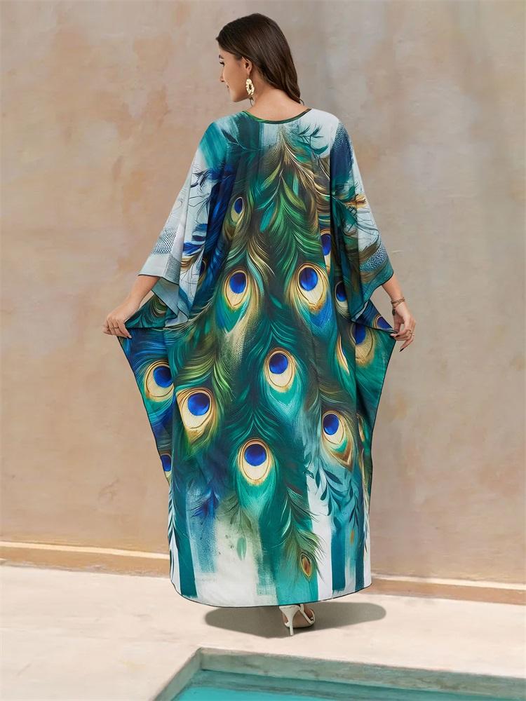 EDOLYNSA 2024 Green Peacock Plume Printed Beach Dress V-neck Side Split Plus Size Kaftan Summer Boho Swimsuit Coverup For Women Cozy House Robe Q1588