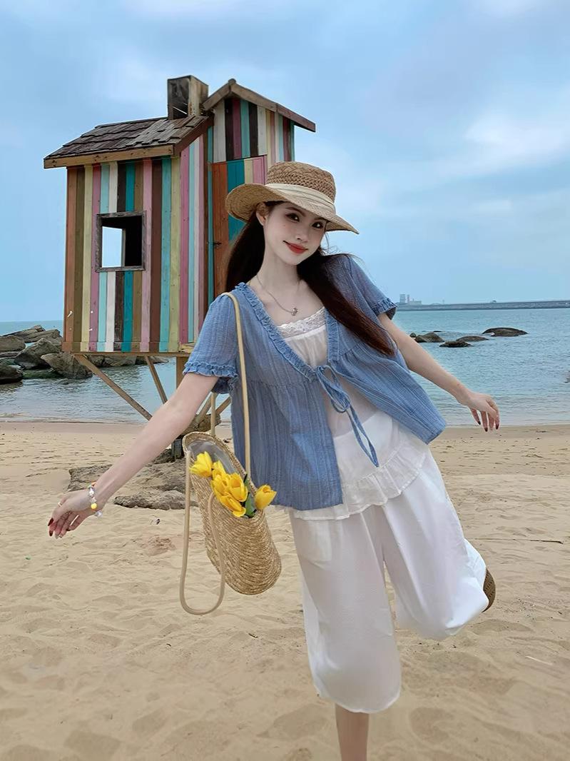 

Plus Size Summer Slimming Ruffle Sleeve Shirt & Wide-Leg Pants Two-Piece Set 4XL