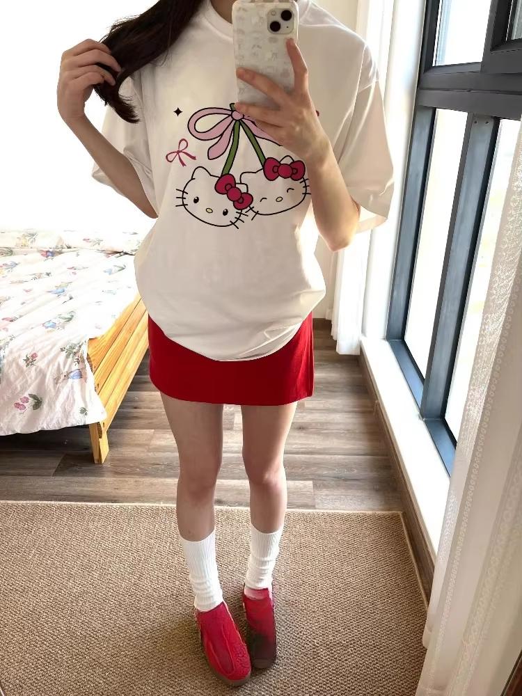 

2026 Hello Kitty Tee soft cotton short sleeve crew neck cute print lightweight summer top for Women daily casual wear S