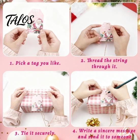 Decorative Paper Tags 60 Pcs Christmas Gift Tags, Pink Santa Snowman Hanging Labels Holiday Present Accessories with Hemp Rope for Winter Party