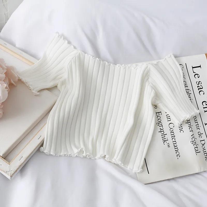 

Французская ниша, короткая трикотажная нижняя рубашка на одно плечо, женская летняя рубашка большого размера с короткими рукавами в вертикальную полоску и грибок One Size белый