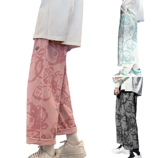 Men Casual Pants Elastic Waist Mid Rise Loose Straight Wide Leg Streetwear Pockets Cartoon Print Male Long Trousers Bottoms for Outdoor