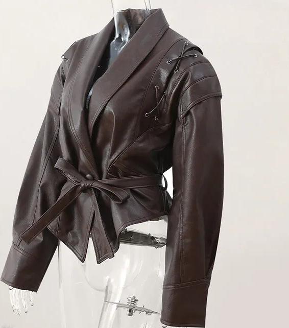 2024 Autumn/Winter Cross-border Fashion Lapel Tie Long Sleeve Leather Jacket
