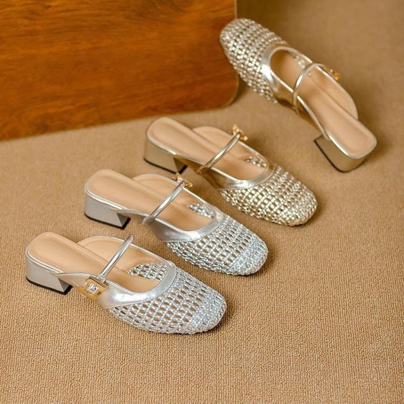 Fashion Women's Summer New Fashion Temperament Cutout Breathable Half Slippers Block Heel Soft Sole Muller Slippers