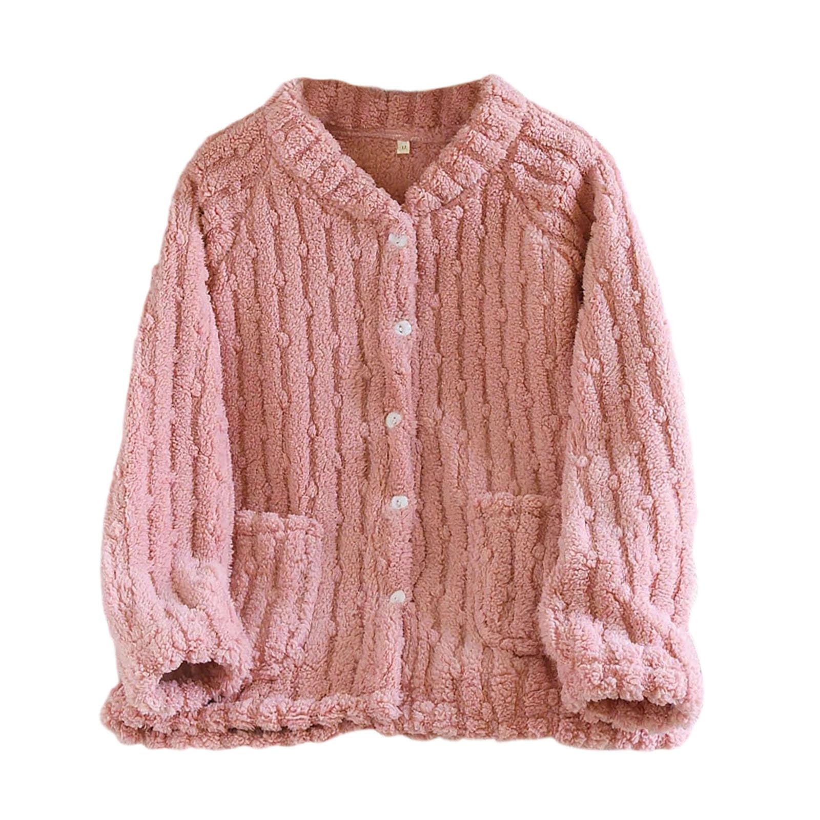 

Толстые плюшевые домашние халаты для женщин, зимние теплые флисовые пижамные топы на пуговицах, мягкие пушистые рубашки с карманами M розовый