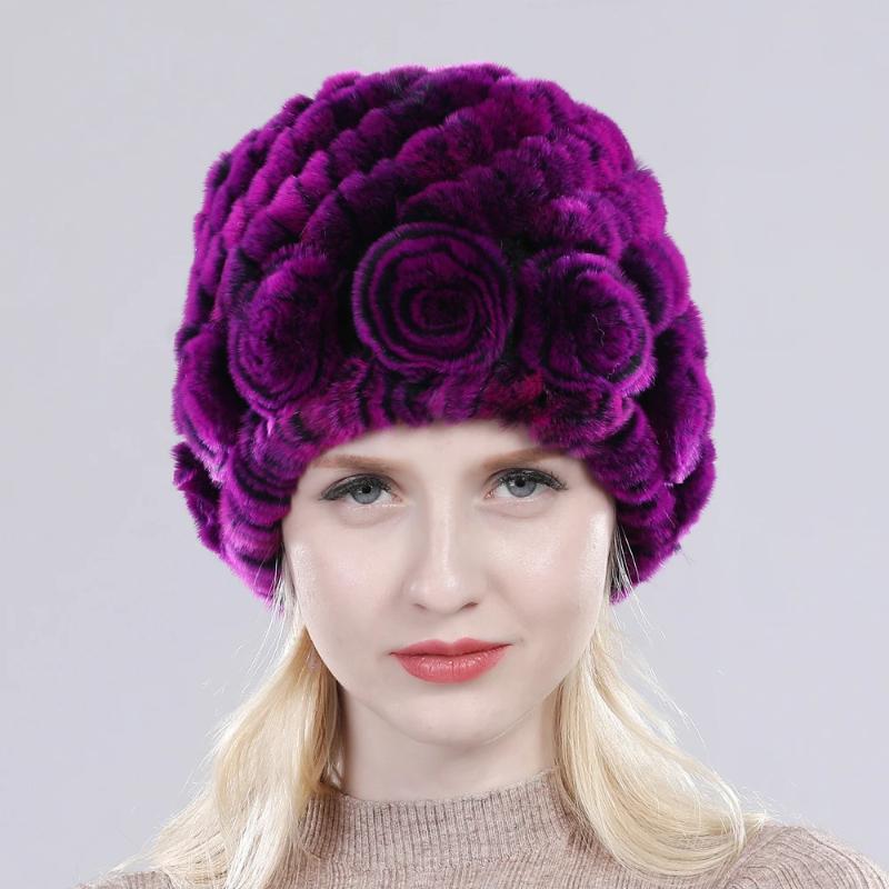 Hot Sell Women Winter Knitted Real Rex Rabbit Fur Hat Fluffy Natural Rex Rabbit Fur Cap Lady Good Elastic Genuine Fur Hats