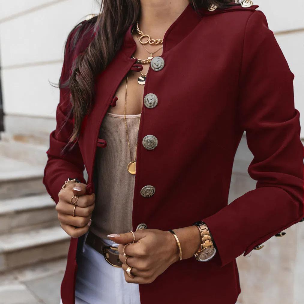 Blazer ajusté à manches longues pour femme, veste boutonnée élégante, manteau court stylé avec boutons décoratifs