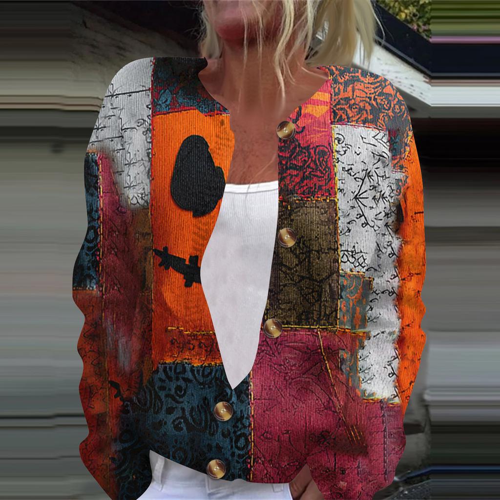 Women's Fashion Printed Long Sleeve Knitted Cardigan Button Down Jacket