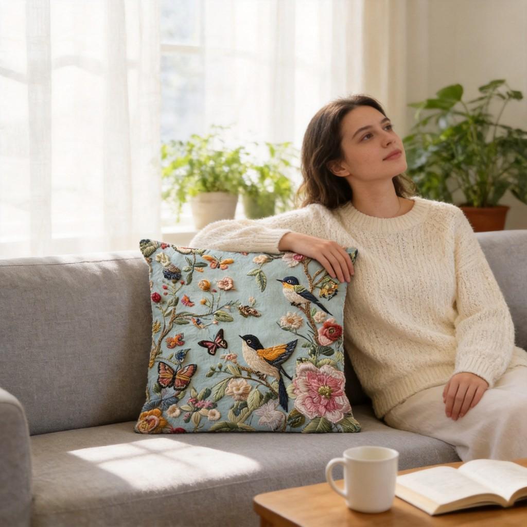 Funda de Cojín de Terciopelo Bordada con Pájaro y Mariposa Floral Para Decoración de Sala de Estar