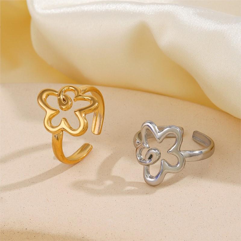 Stainless Steel Hollow Flower Open Ring For Women Trendy Simple Adjustable Ring Party Jewelry Acceessory Gift