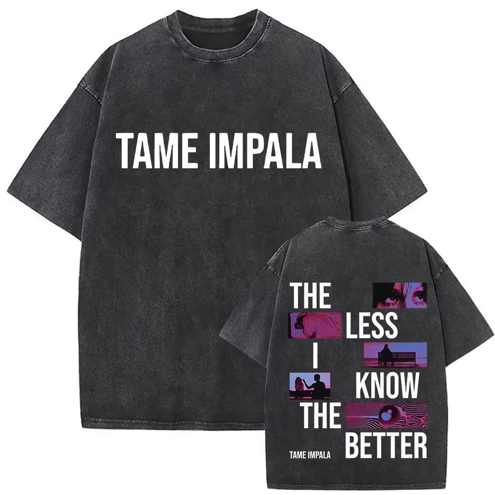 Tame Impala Tour Album Vintage Washed Tshirt Mens Hip Hop Gothic Tshirts Casual Oversized Short Sleeve T Shirt Streetwear