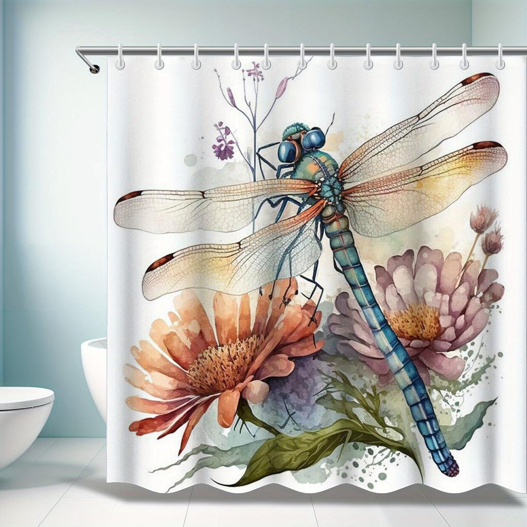 Elegant Dragonfly & Daisy Shower Curtain-Forest Theme,Suitable for All Seasons,Ideal Bathroom Accessory,Perfect Gift for Friends