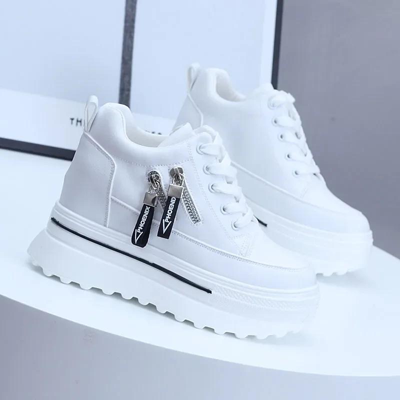Fashion Women Sneakers High Platform Shoes 8cm Wedge Heels Outdoor Spring Autumn Leather Chunky Shoes Lace-up Casual Shoes Woman