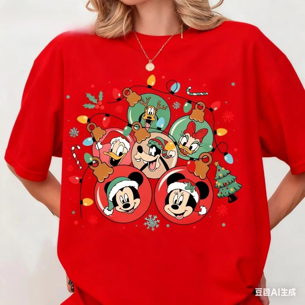Disney 2025 Christmas Mickey Mouse Summer TShirt Casual Unisex LooseFit ShortSleeve Top Y2K Women Clothes Comfortable Cotton