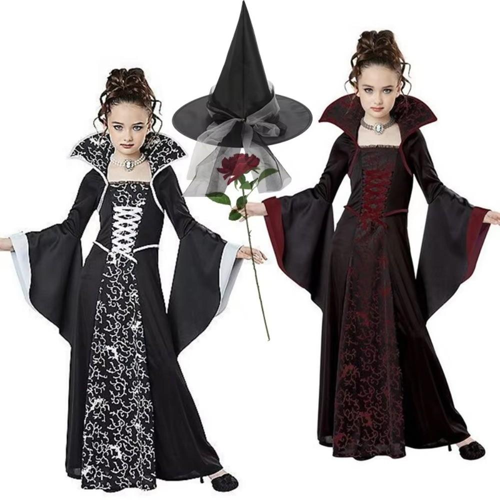 Girls Size 4-12Y Witch Cosplay Costume Black Color Cosplay Dress Gown  For Kids
