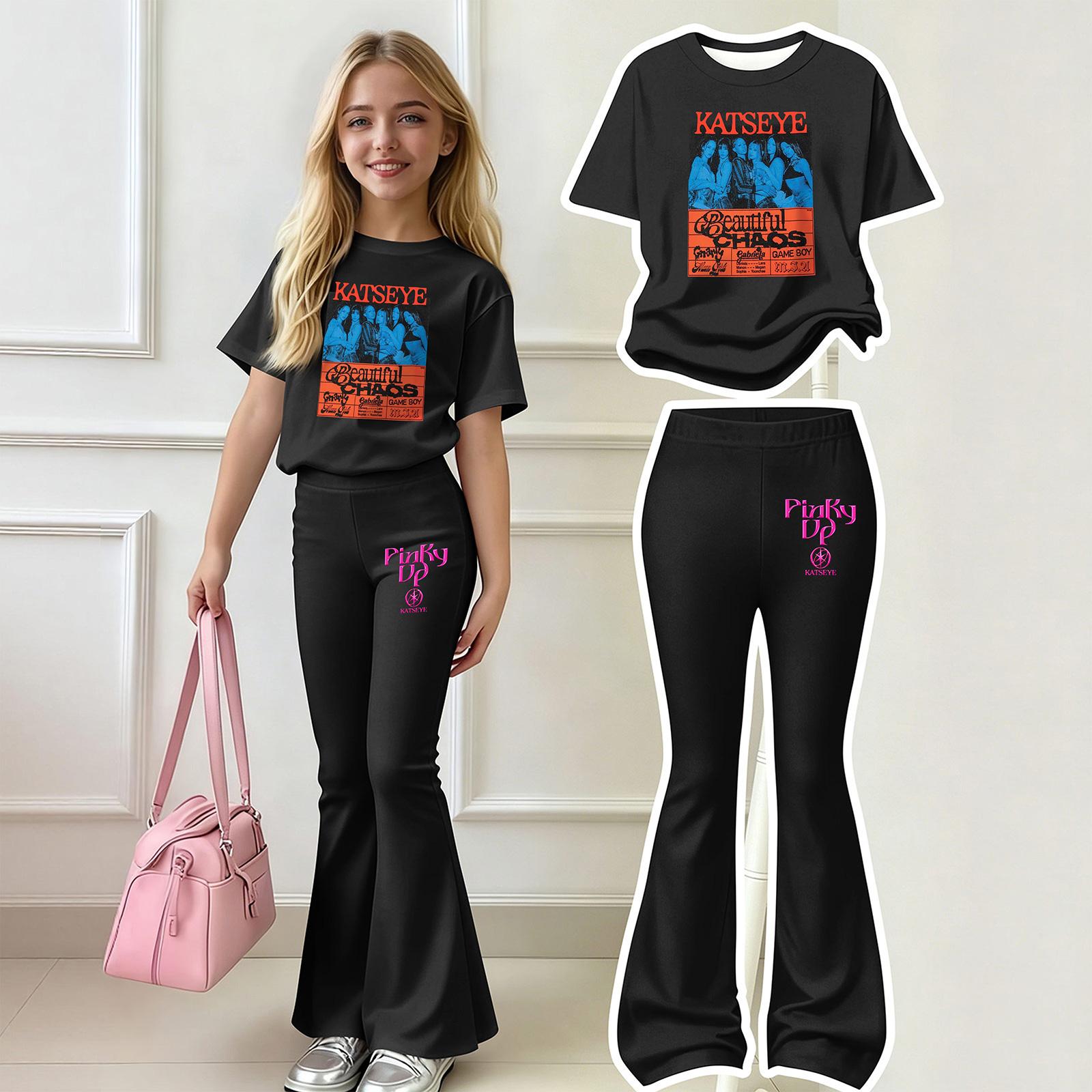 

Kids Fashion Loose Fit Crew Neck Short Sleeve Top and Flared Pants Set Casual Outfit for Boys Girls Comfortable Daily Wear 100 чёрный