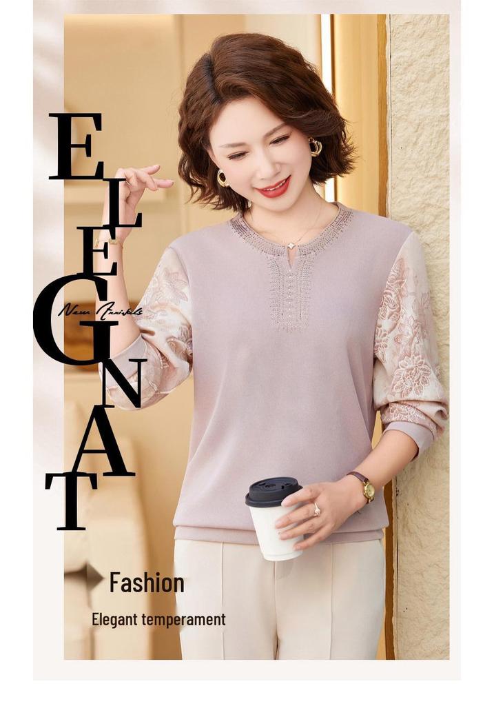 2026 Autumn Long-Sleeve Printed Patchwork Pullover for Middle-Aged and Elderly Women