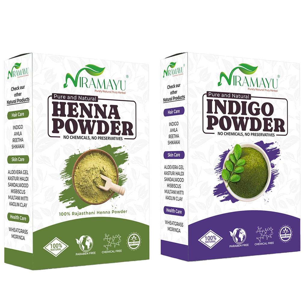 Poudre combinée Niramayu Henné Indigo pour cheveux | 100g Chacun | Hommes et Femmes | Sans Produits Chimiques, Couleur Naturelle Longue Durée, Doux Brillant | Cheveux Sains, Parab