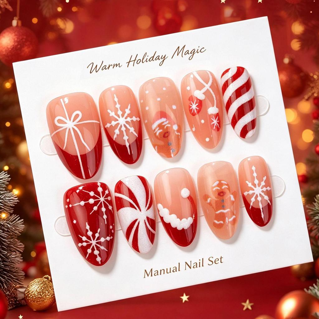 Unhas Postiças de Amêndoa para o Natal 30 Peças, Design de Árvore de Natal com Flocos de Neve Dourados, Unhas Postiças Francesas Reutilizáveis, Arte de Unhas Vestível para o Natal
