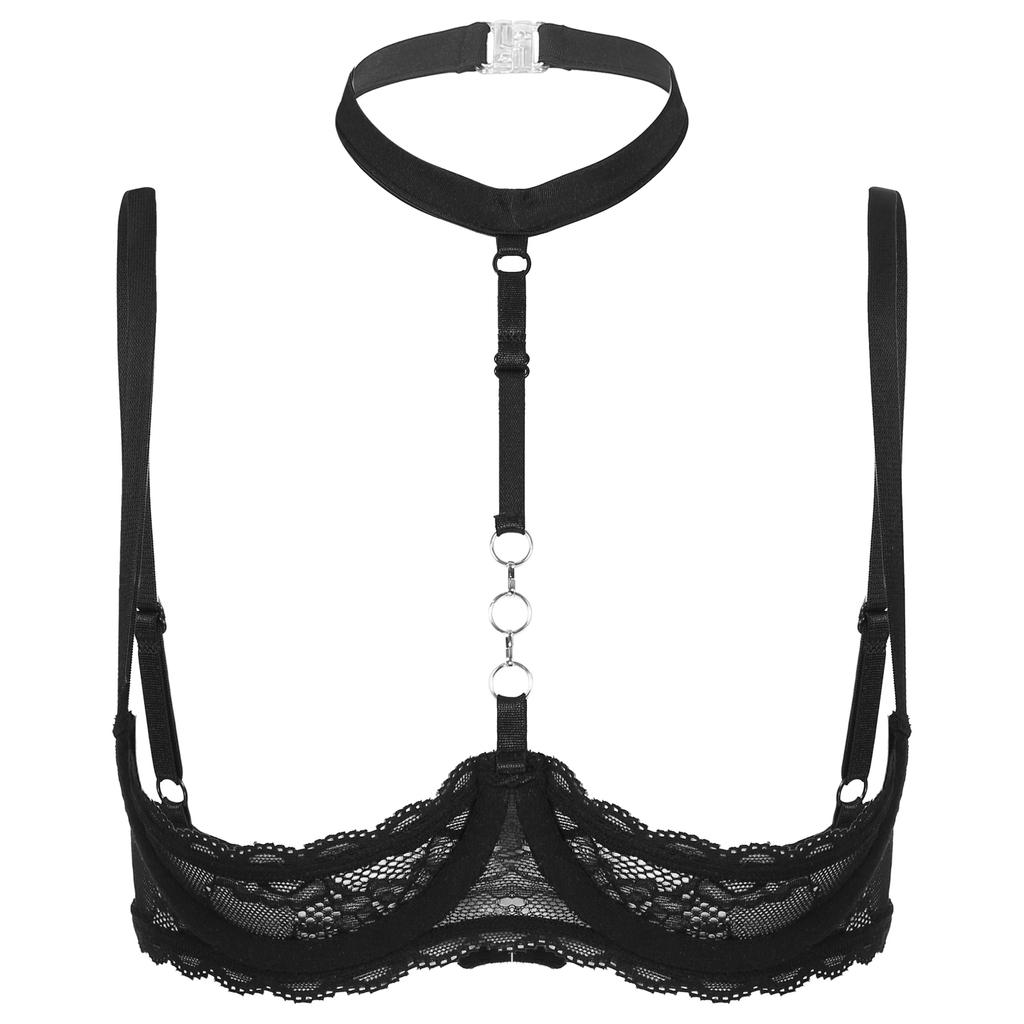 Womens 1/4 Cups Underwire Bra Halter Neck O Ring Sheer Lace Push Up Brassiere Lingerie Underwear