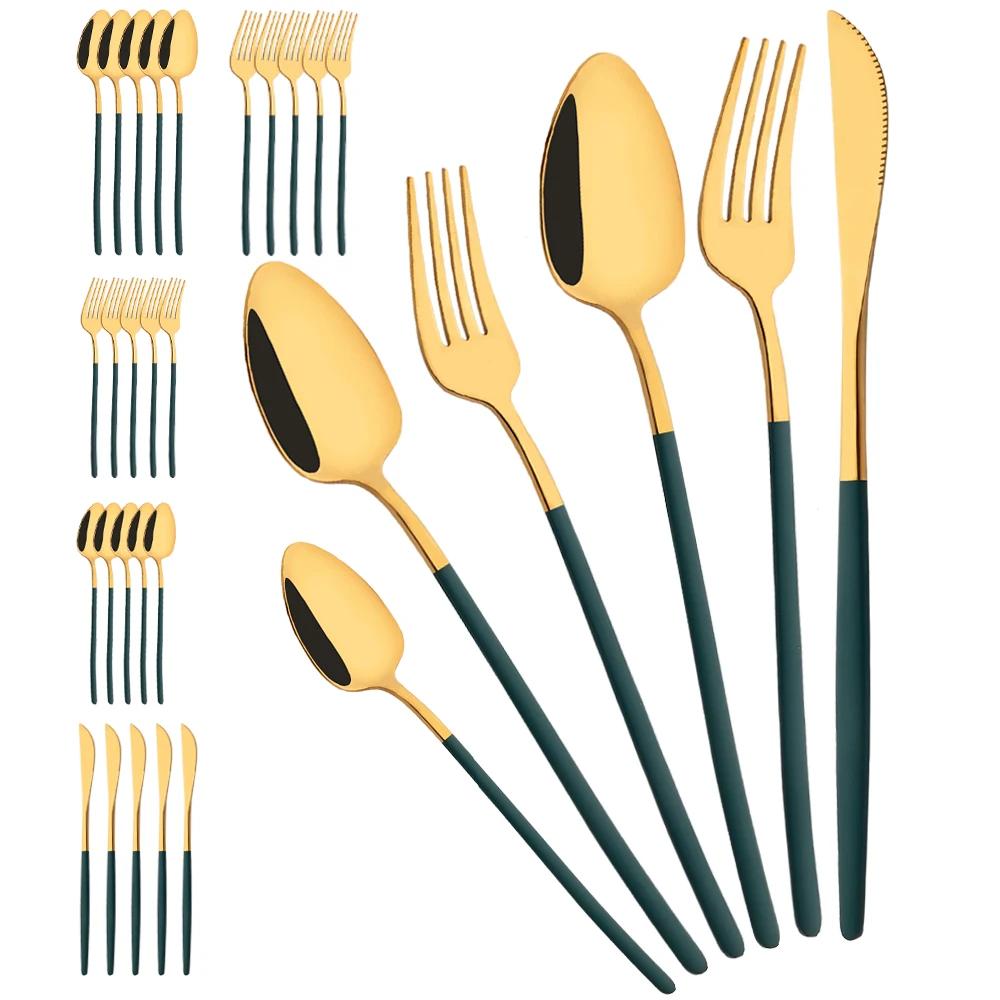 36Pcs Black Cutlery Sets Stainless Steel Knife Fork Spoon Tableware Dessert Mirror Flatware Set Festival Kitchen Dinnerware Gift
