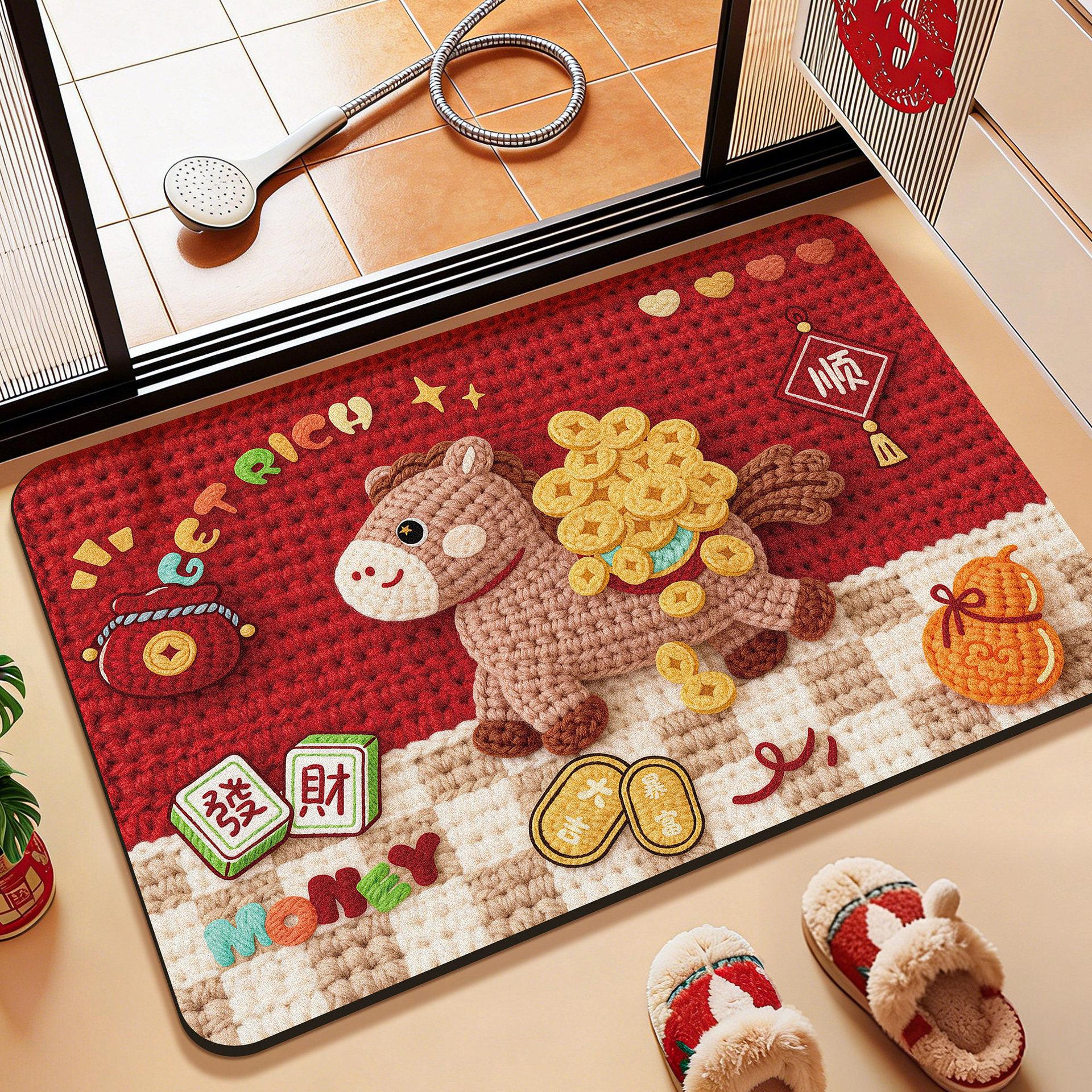 

Cartoon Bathroom Floor Mat New Year S Absorbent Diatom Mud Floor Mat Can Be Cut, Dirt-Resistant And Non-Slip Floor Mat Is Easy To Take Care Of, Quick- 40*60cm