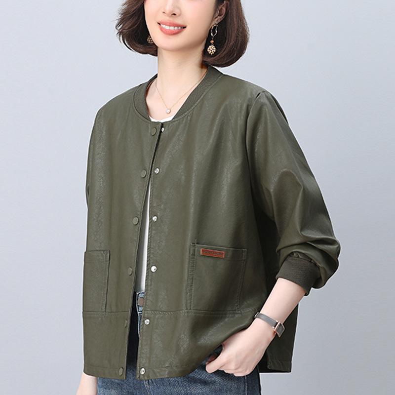 Midlife Chic Women's Petite PU Leather Jacket - High-End, Plus Size, Casual for Spring & Autumn