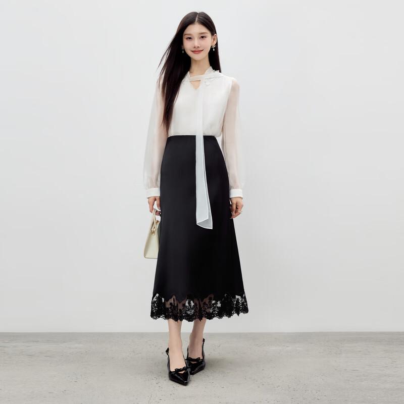 Qiushui Yiren Elegant Lace Patchwork A-Line Skirt