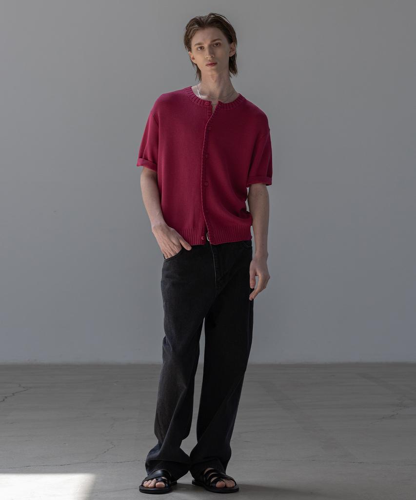 Dekkoloso Panel Rib Short Sleeve Summer Round Cardigan [Deep Pink]