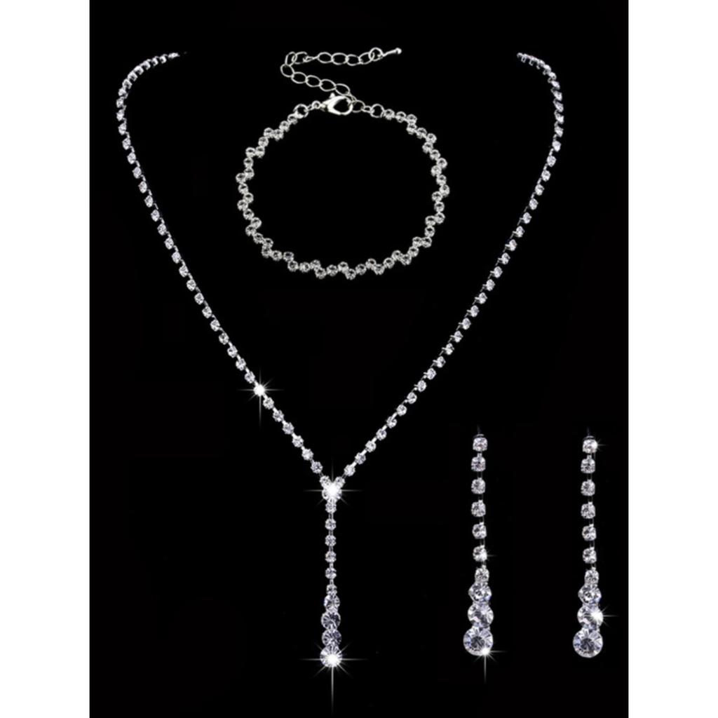 4-piece Women's Sparkling Wedding Set, Rhinestone Bracelet Necklace, Earrings, Party and Banquet Accessories
