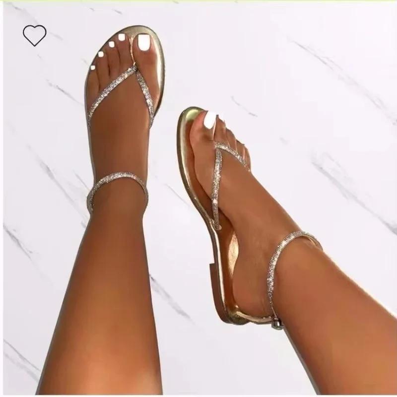 Fashion 2025 Summer Hot Sale Ankle Strap Women's Sandals Flip Flops Fashion Round Toe Flat with Bling Rome Sandals Beach Daily Plus Size