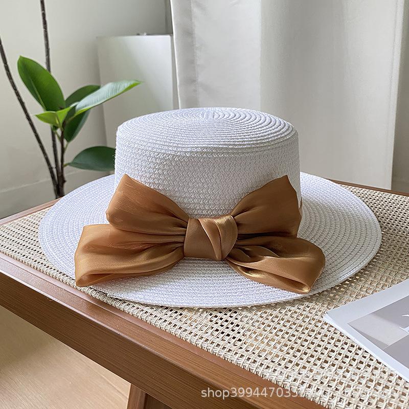 Hat Women's New Spring and Summer Straw Bow Straw Hat Versatile Flat Top Sunscreen Sun Hat Tide