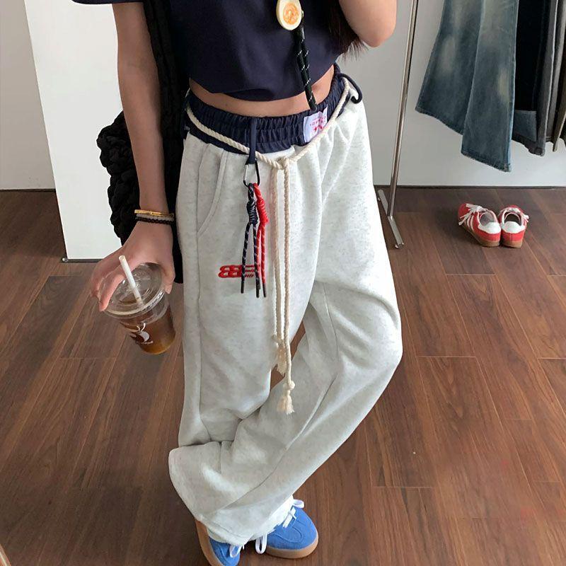 

Женские ретро темно-синие лоскутные спортивные штаны - Прямые, Повседневные, Свободного кроя L серый/белый