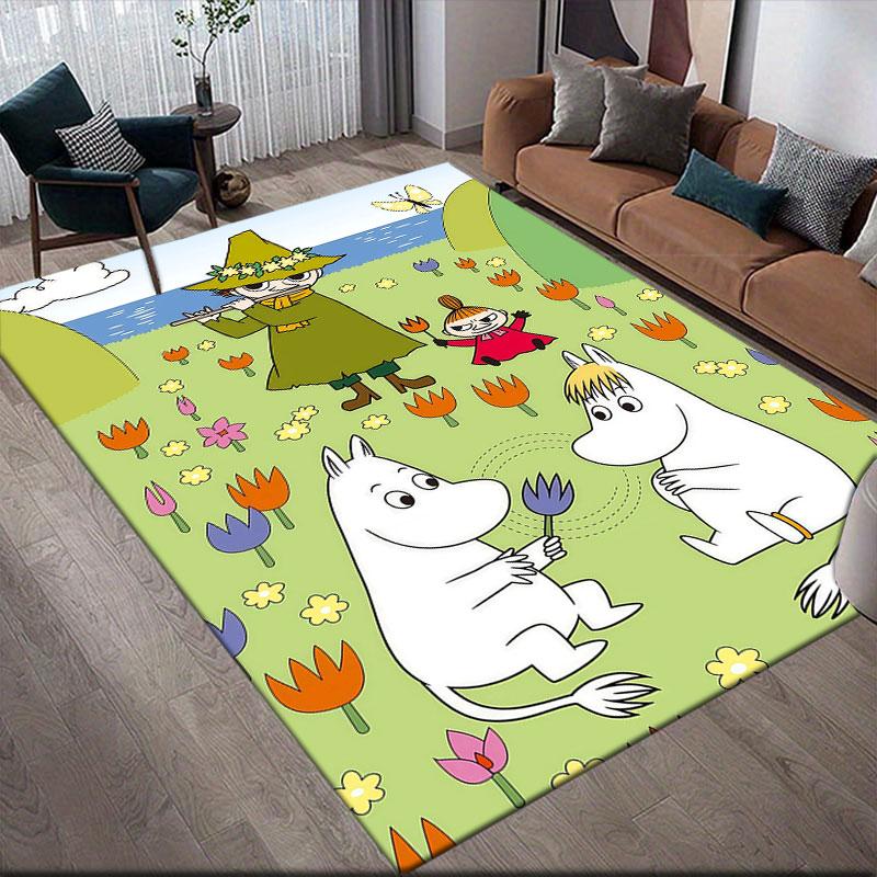 Moominvalley Flannel Printed Carpet, Home Sofa Decoration for Living Room & Bedroom, Non‑Slip Play Flannel Floor Mat for Game Room